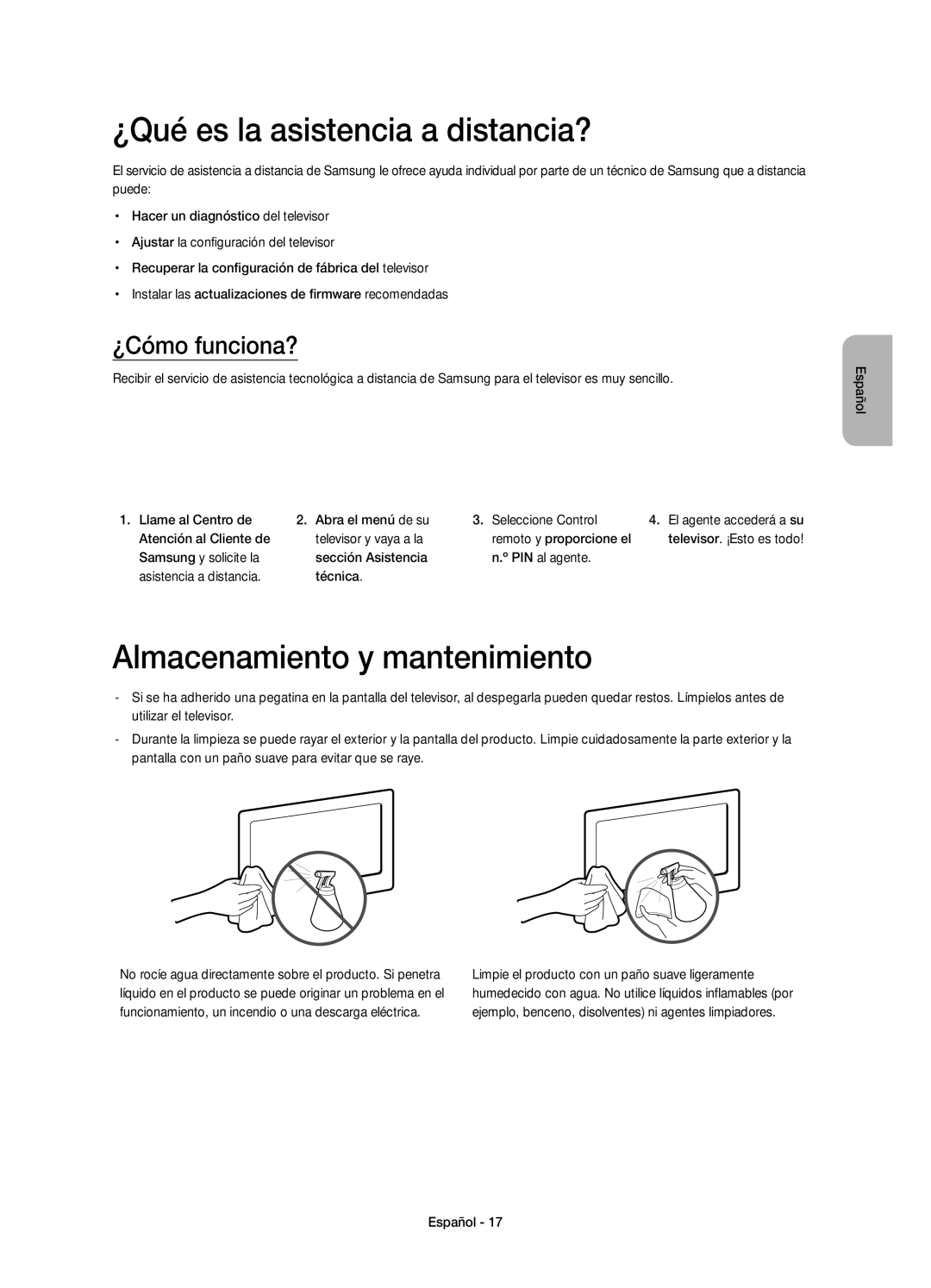 Samsung UE48H4203AWXXC, UE40H4203AWXXC ¿Qué es la asistencia a distancia?, Almacenamiento y mantenimiento, ¿Cómo funciona? 