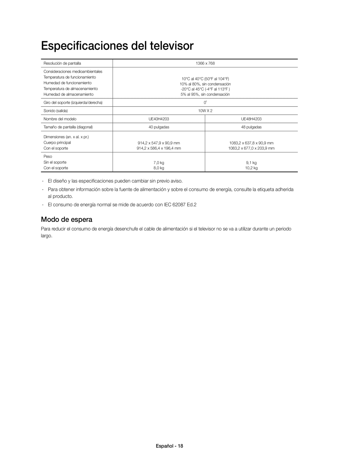 Samsung UE48H4203AWXXH, UE40H4203AWXXC, UE48H4203AWXXC, UE40H4203AWXXH manual Especificaciones del televisor, Modo de espera 