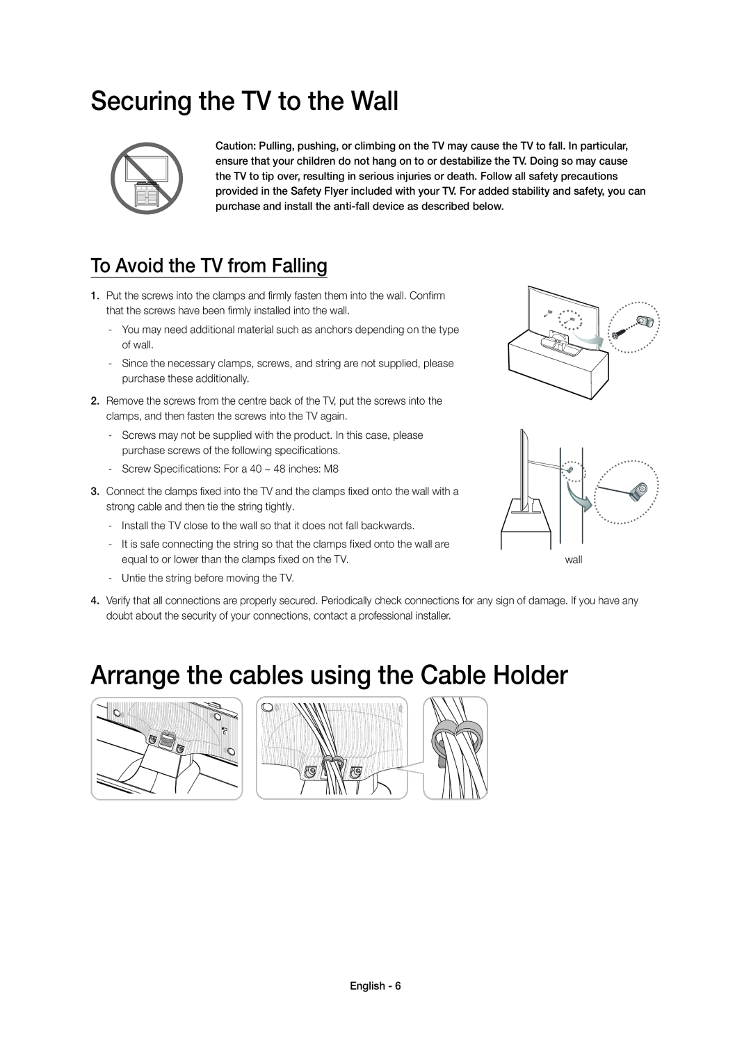 Samsung UE48H4203AWXXH, UE40H4203AWXXC manual Securing the TV to the Wall, Arrange the cables using the Cable Holder 