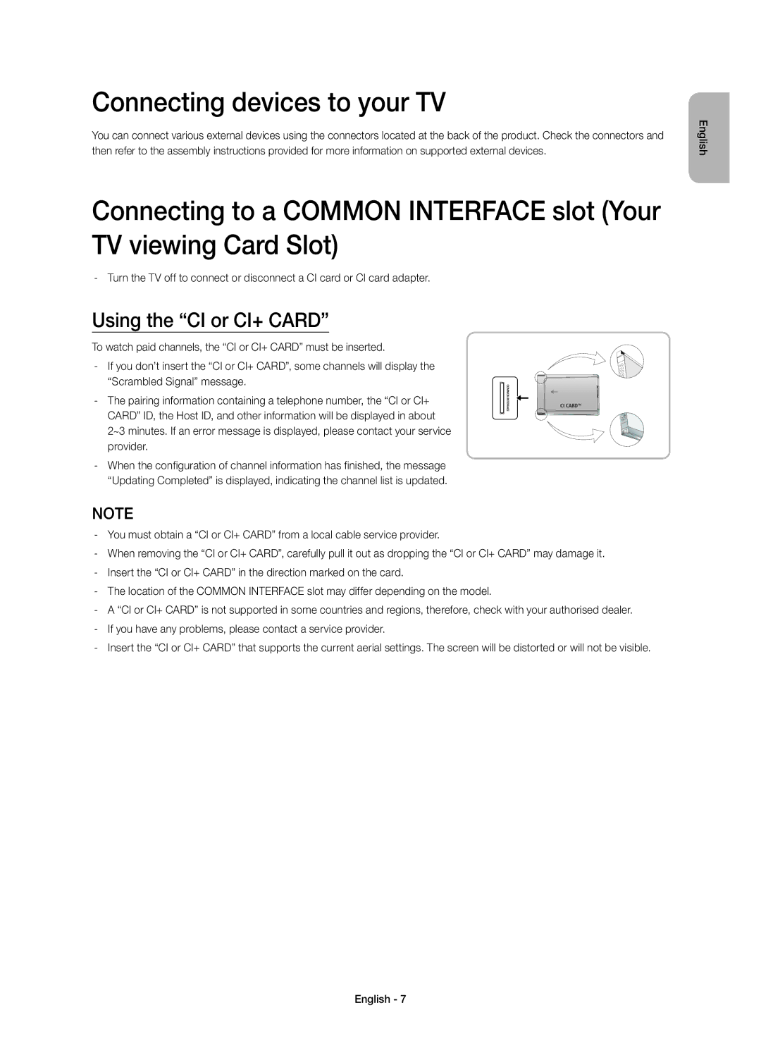 Samsung UE40H4203AWXXH, UE40H4203AWXXC, UE48H4203AWXXC manual Connecting devices to your TV, Using the CI or CI+ Card 