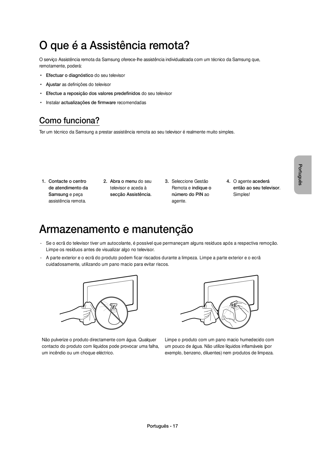 Samsung UE40H4203AWXXH, UE40H4203AWXXC manual Que é a Assistência remota?, Armazenamento e manutenção, Como funciona? 