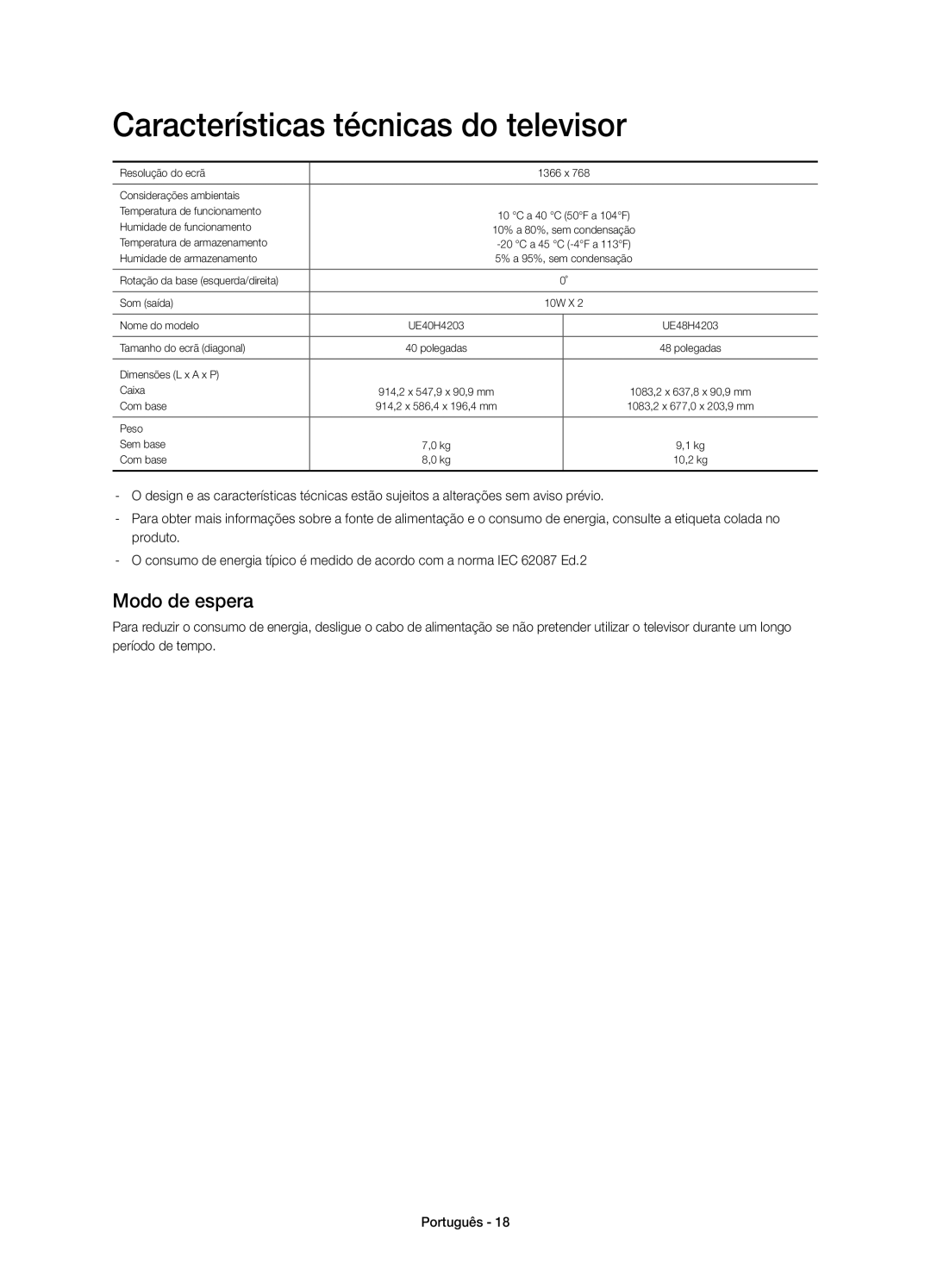 Samsung UE40H4203AWXXC, UE48H4203AWXXC, UE48H4203AWXXH, UE40H4203AWXXH Características técnicas do televisor, Modo de espera 