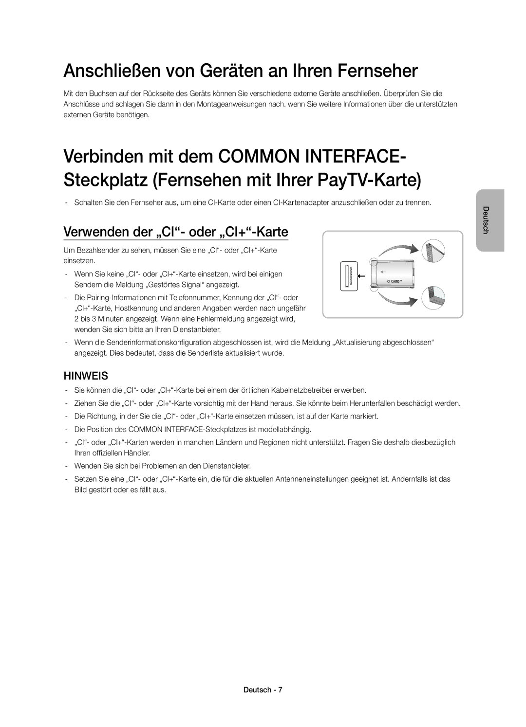 Samsung UE48H4203AWXZF, UE40H4203AWXZF manual Anschließen von Geräten an Ihren Fernseher, Verwenden der „CI- oder „CI+-Karte 