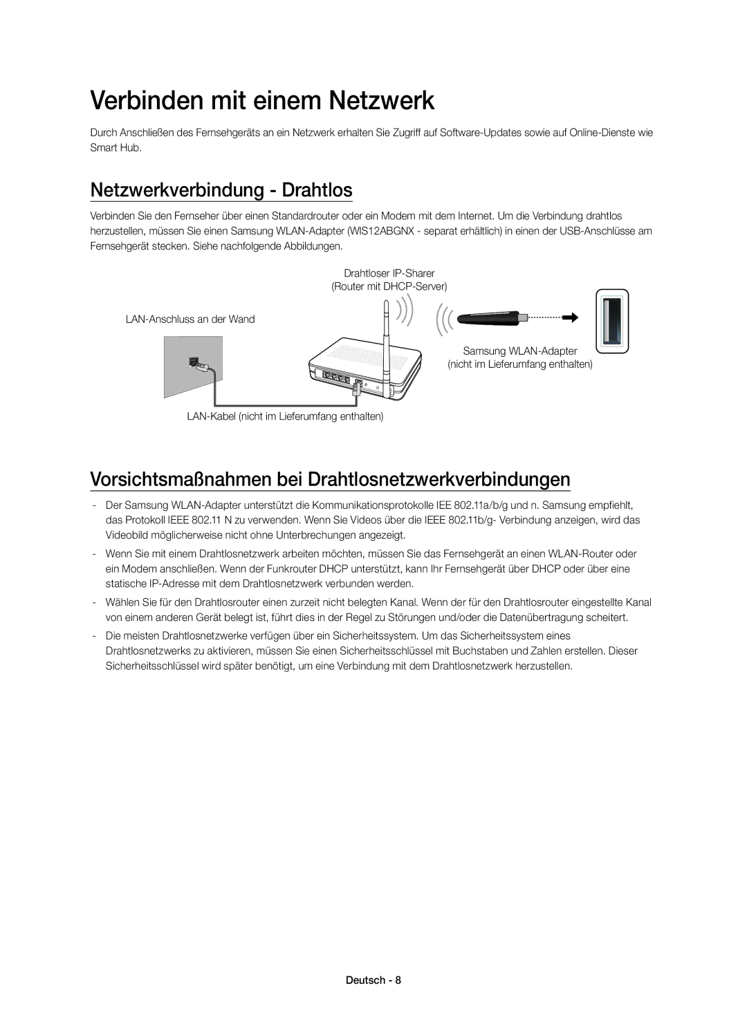 Samsung UE40H4203AWXZF, UE48H4203AWXZF manual Verbinden mit einem Netzwerk, Netzwerkverbindung Drahtlos 