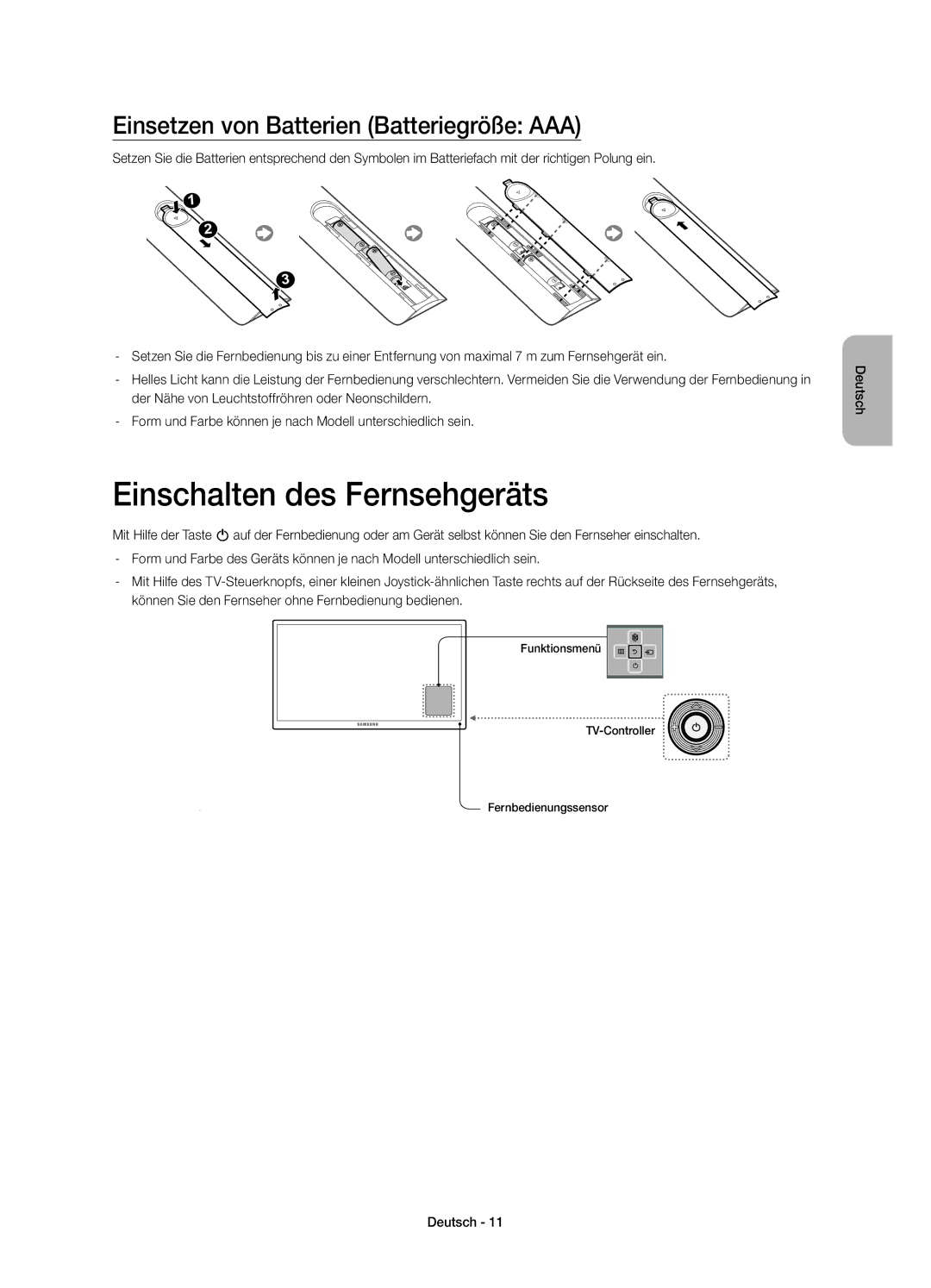 Samsung UE48H4203AWXZF, UE40H4203AWXZF manual Einschalten des Fernsehgeräts, Einsetzen von Batterien Batteriegröße AAA 