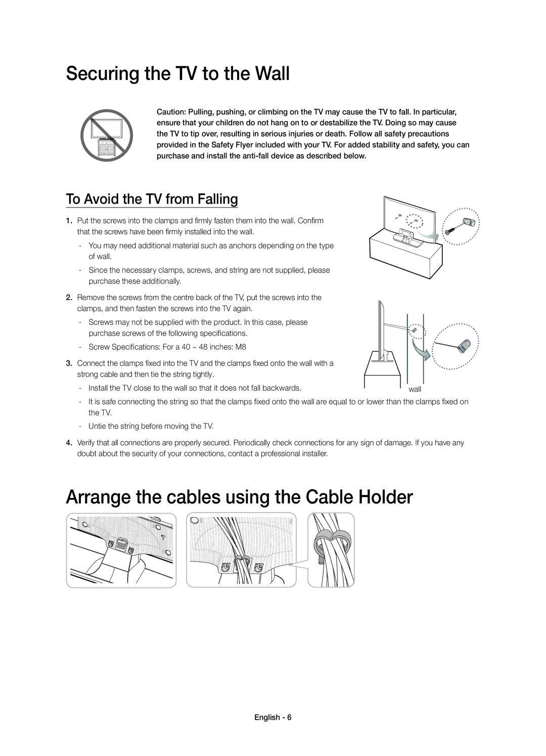 Samsung UE40H4203AWXZF, UE48H4203AWXZF manual Securing the TV to the Wall, Arrange the cables using the Cable Holder 