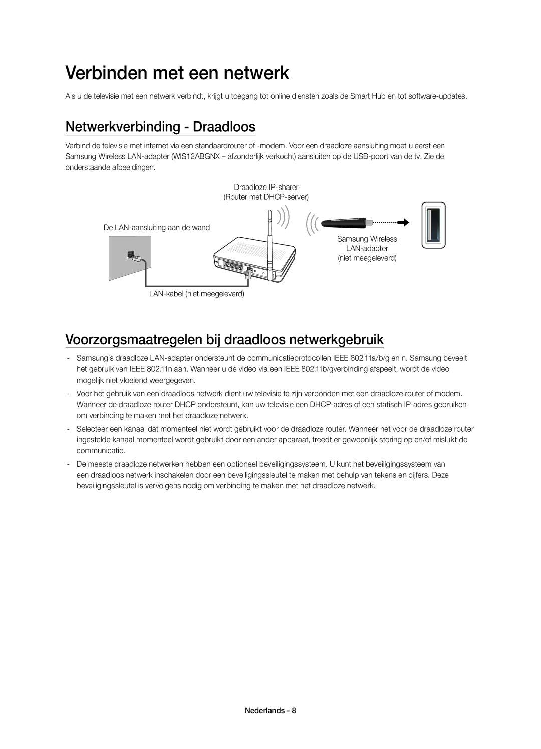 Samsung UE40H4203AWXZF, UE48H4203AWXZF Verbinden met een netwerk, Netwerkverbinding Draadloos, LAN-kabel niet meegeleverd 