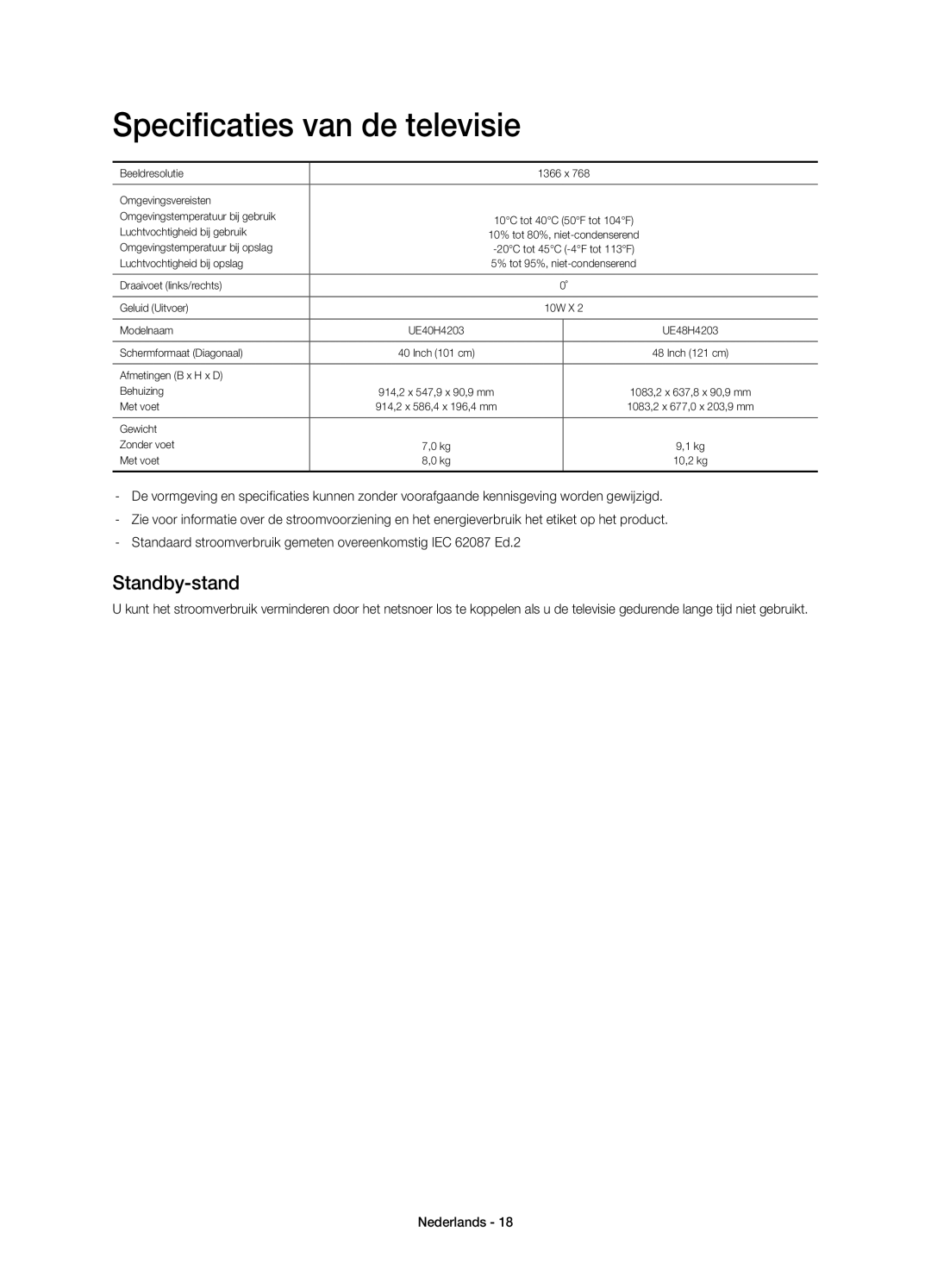 Samsung UE40H4203AWXZF, UE48H4203AWXZF manual Specificaties van de televisie, Standby-stand 