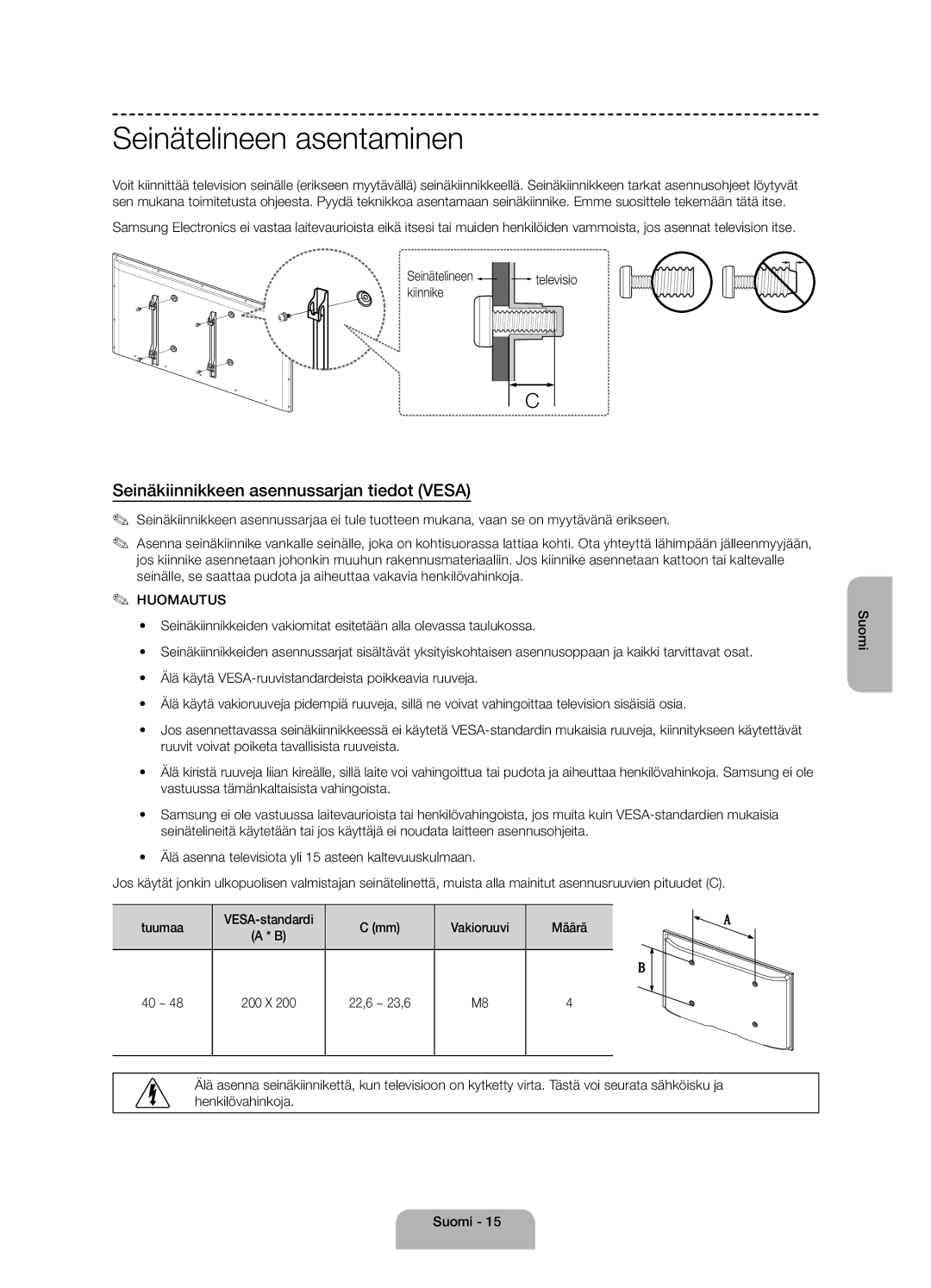 Samsung UE40H4205AWXXE manual Seinätelineen asentaminen, Seinäkiinnikkeen asennussarjan tiedot Vesa 