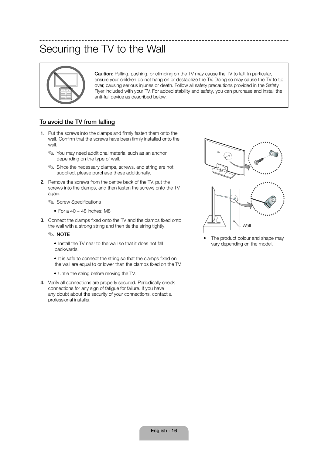 Samsung UE40H4205AWXXE manual Securing the TV to the Wall, To avoid the TV from falling 