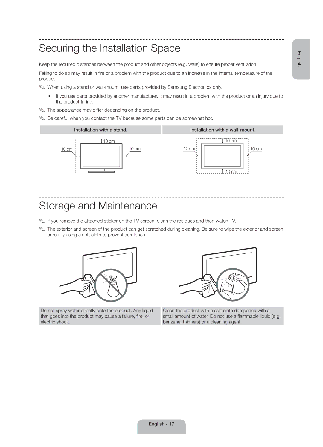 Samsung UE40H4205AWXXE Securing the Installation Space, Storage and Maintenance, Installation with a wall-mount 10 cm 