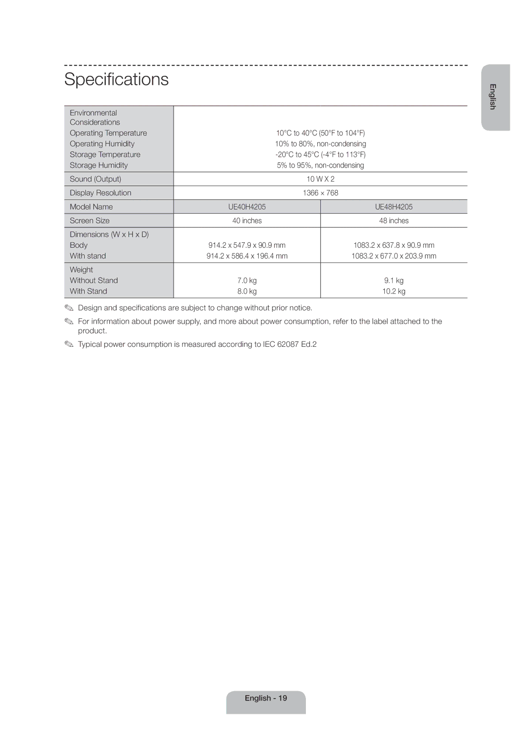 Samsung UE40H4205AWXXE manual Specifications 