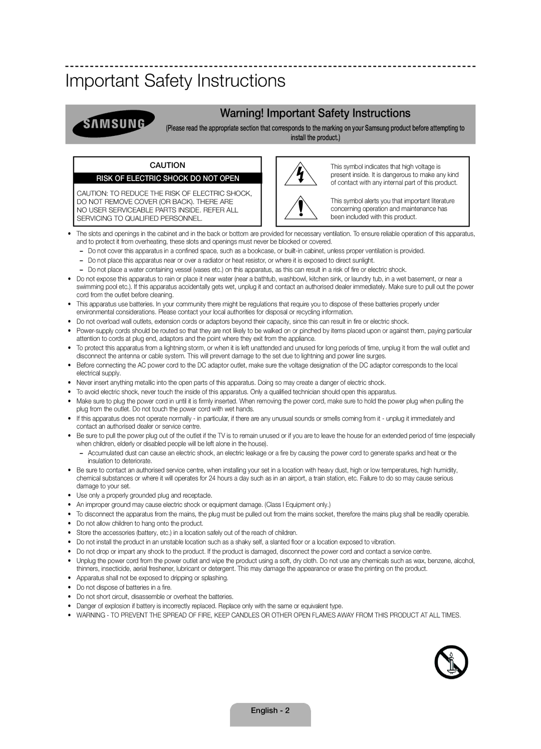 Samsung UE40H4205AWXXE manual Important Safety Instructions, English 