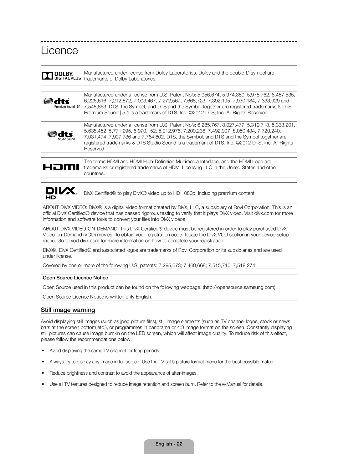 Samsung UE40H4205AWXXE manual Licence, Still image warning, DivX videos 