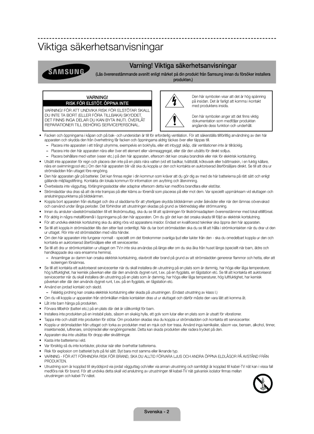 Samsung UE40H4205AWXXE manual Viktiga säkerhetsanvisningar, Svenska 