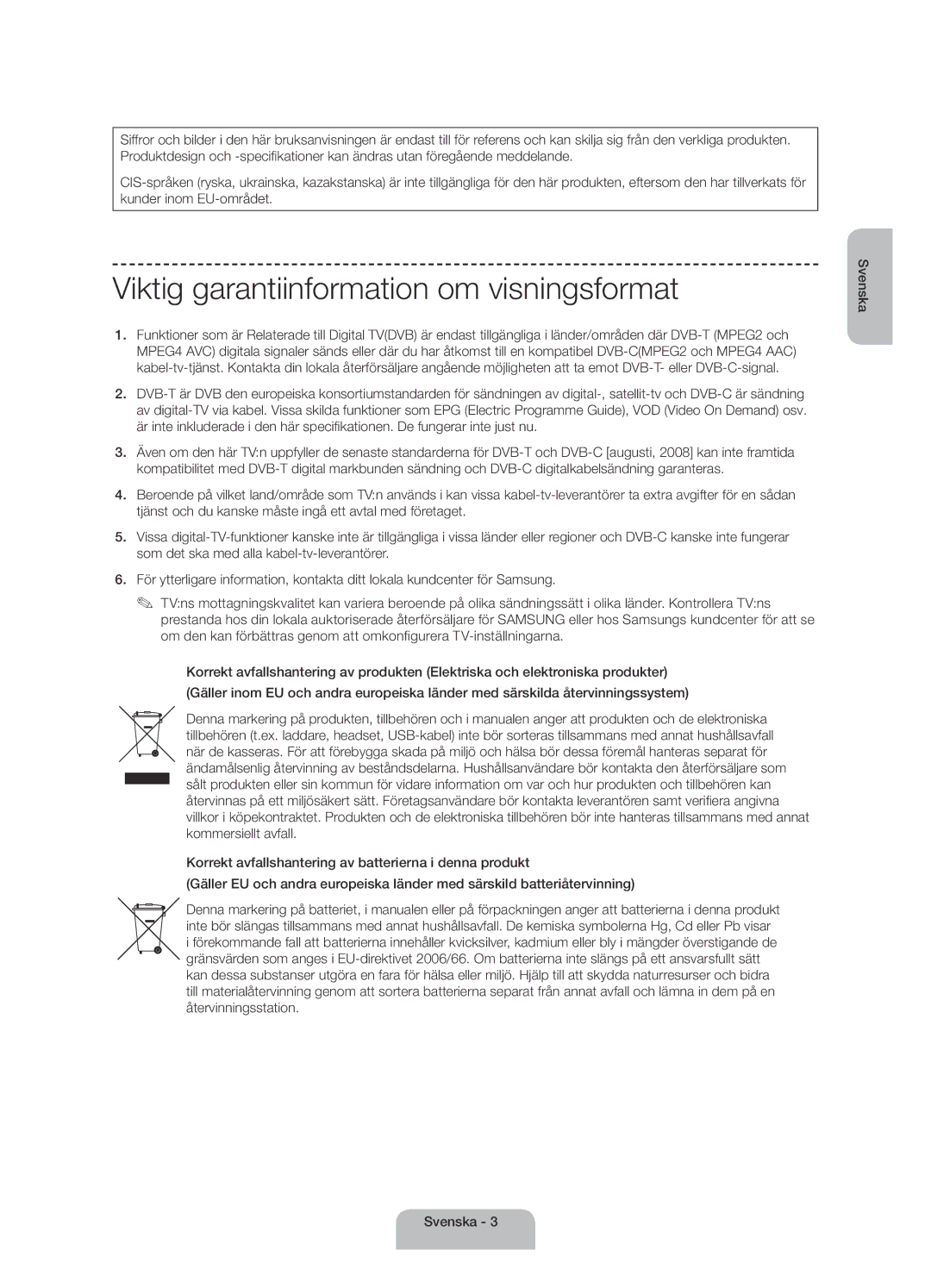 Samsung UE40H4205AWXXE manual Viktig garantiinformation om visningsformat 