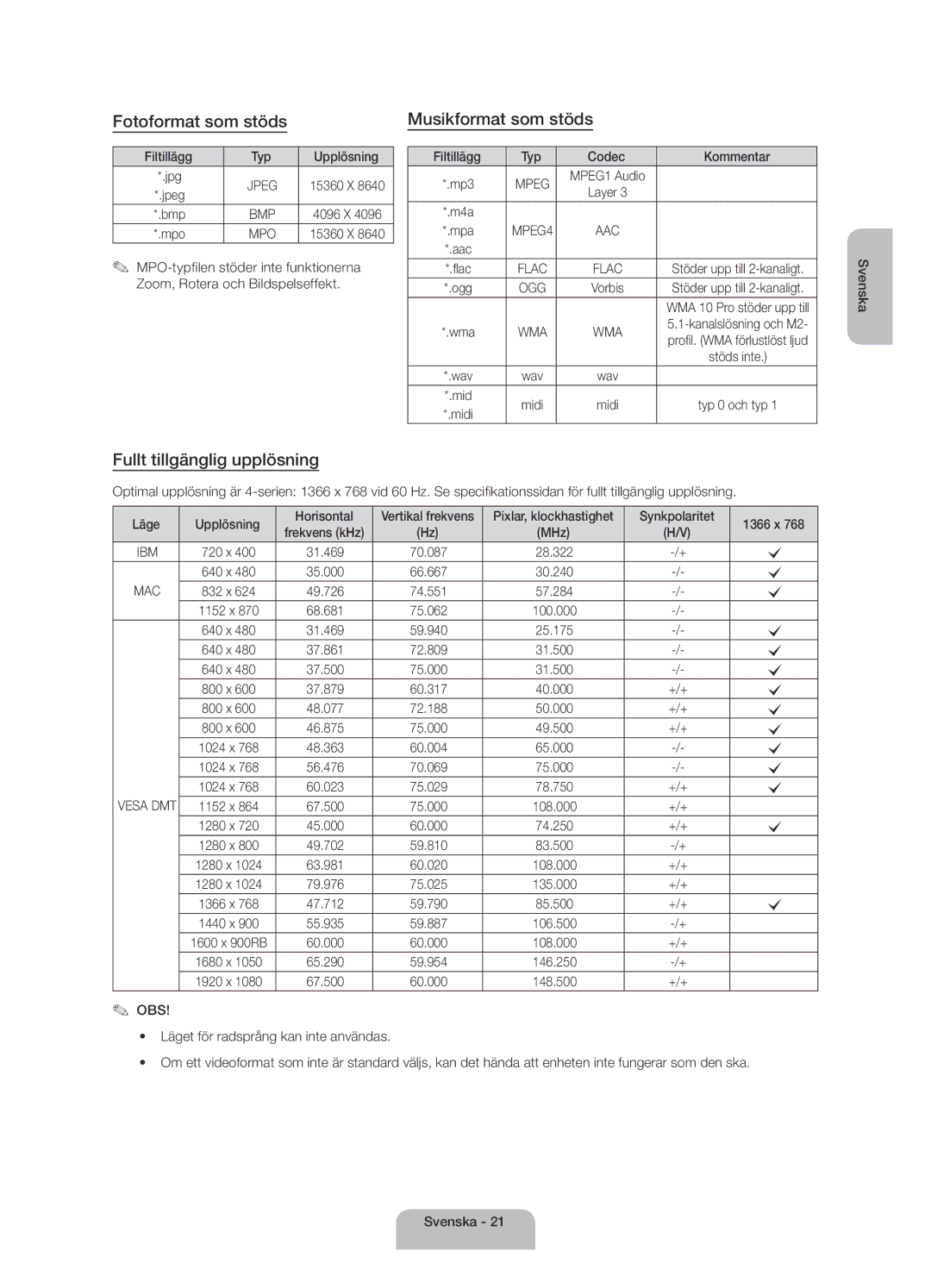 Samsung UE40H4205AWXXE manual Fotoformat som stöds, Musikformat som stöds, Fullt tillgänglig upplösning 