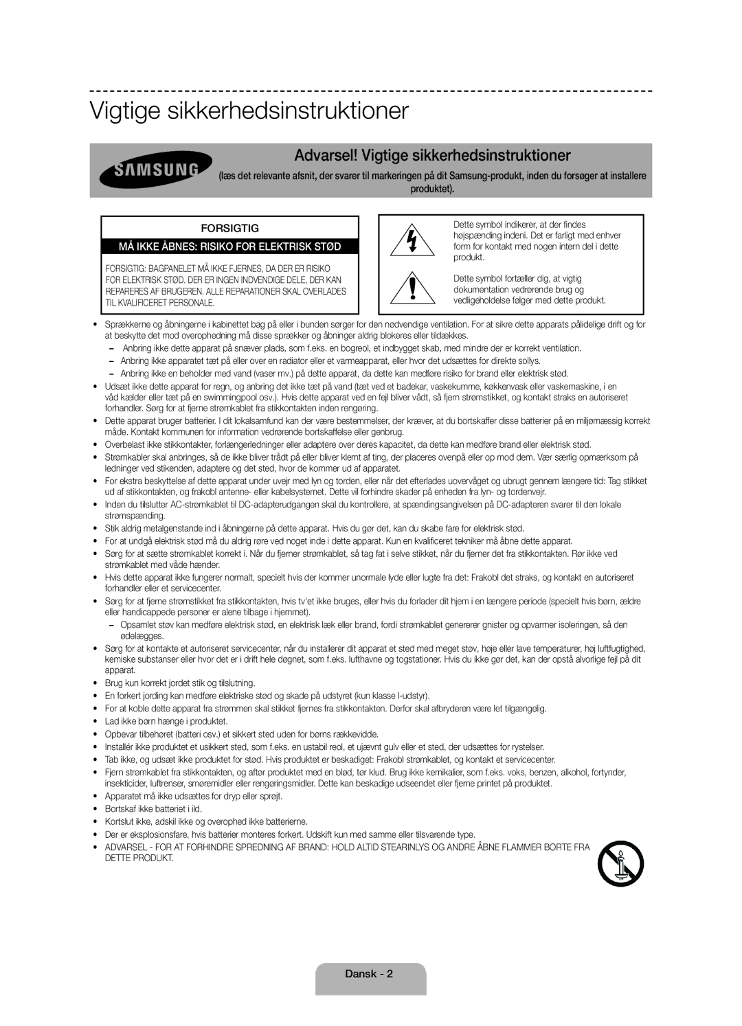 Samsung UE40H4205AWXXE manual Vigtige sikkerhedsinstruktioner, Dansk 