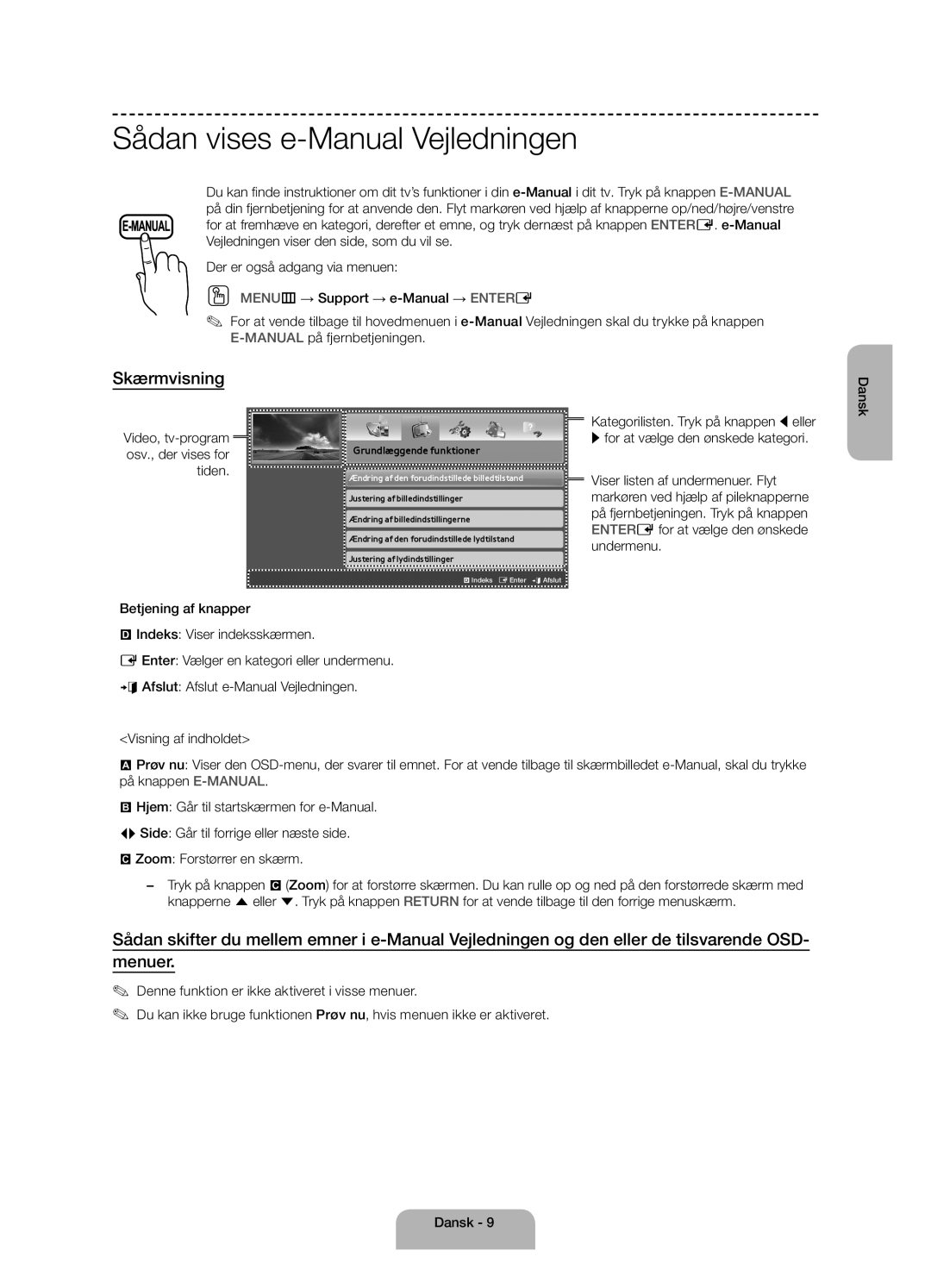 Samsung UE40H4205AWXXE manual Sådan vises e-Manual Vejledningen, Skærmvisning, Video, tv-program osv., der vises for tiden 