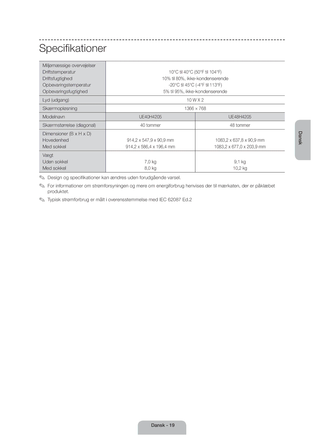 Samsung UE40H4205AWXXE Miljømæssige overvejelser Driftstemperatur, Driftsfugtighed, Opbevaringstemperatur, Lyd udgang 