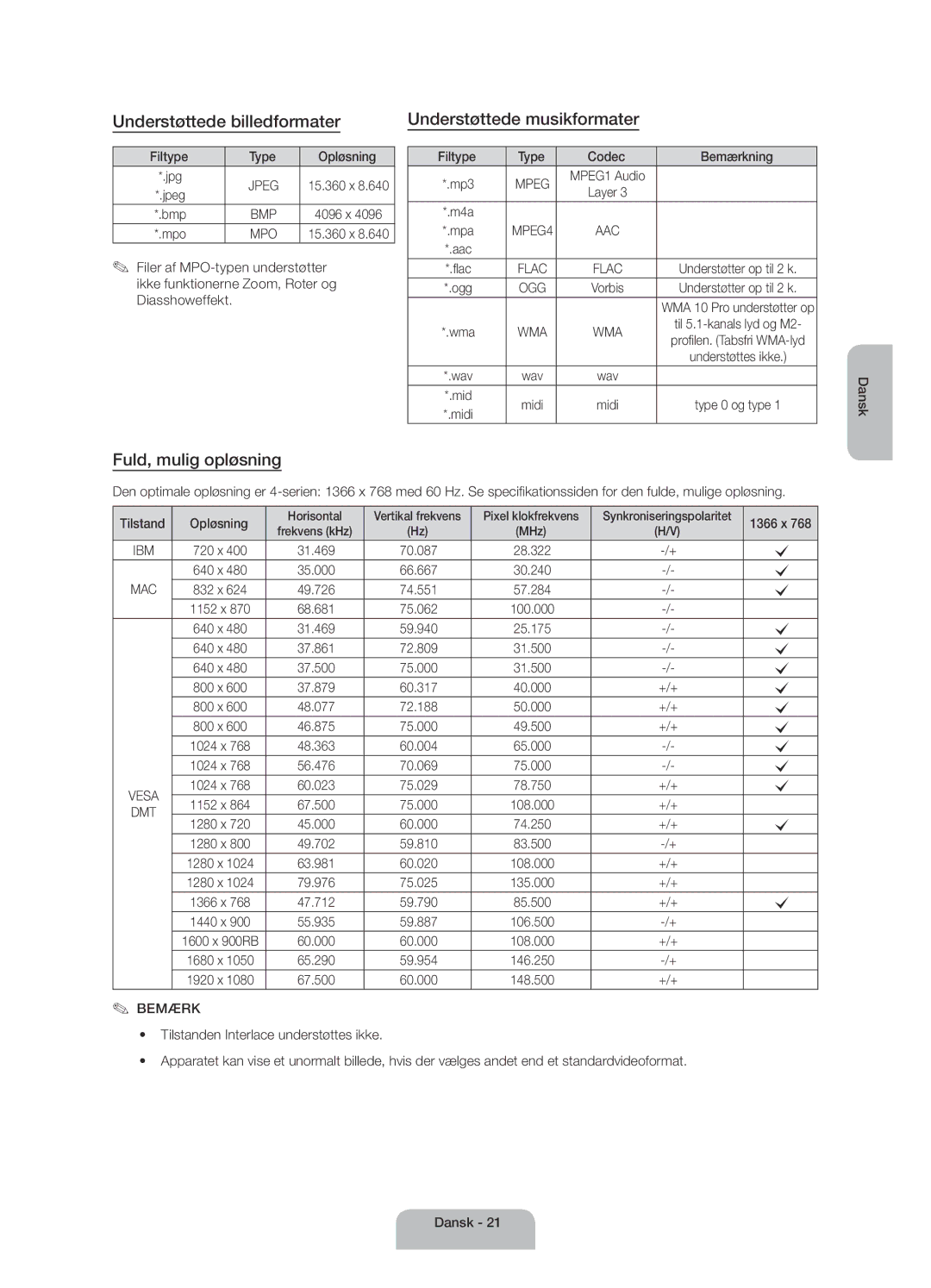 Samsung UE40H4205AWXXE manual Understøttede billedformater, Understøttede musikformater, Fuld, mulig opløsning 