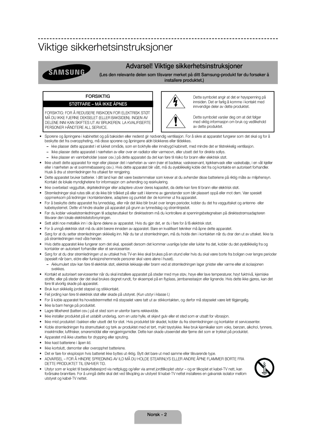 Samsung UE40H4205AWXXE manual Viktige sikkerhetsinstruksjoner, Norsk 