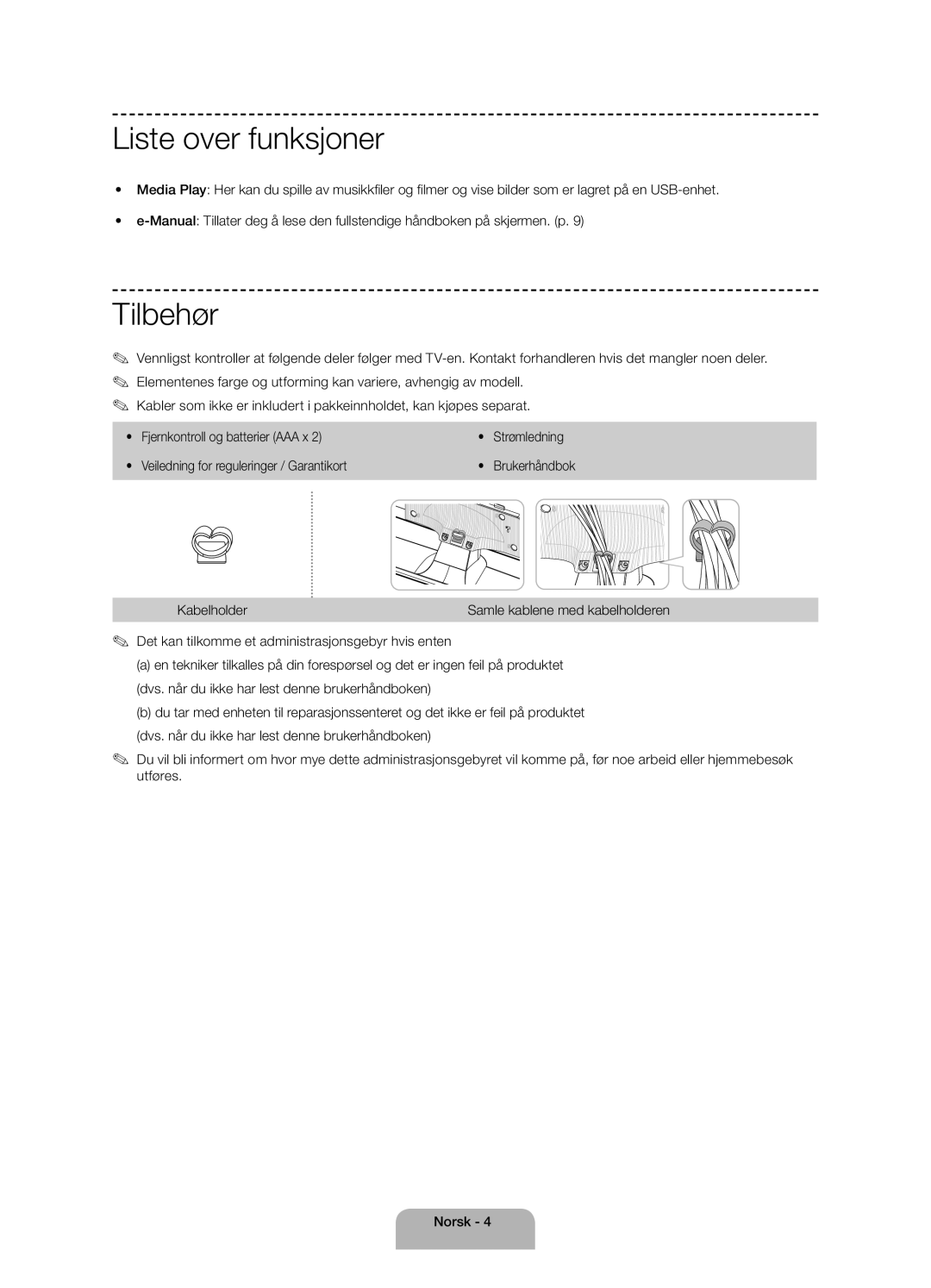 Samsung UE40H4205AWXXE manual Liste over funksjoner, Brukerhåndbok, Samle kablene med kabelholderen 