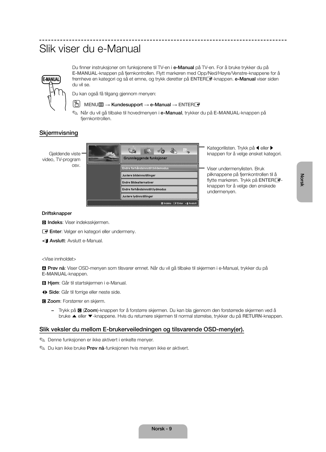 Samsung UE40H4205AWXXE manual Slik viser du e-Manual, Skjermvisning, Gjeldende viste video, TV-program osv 