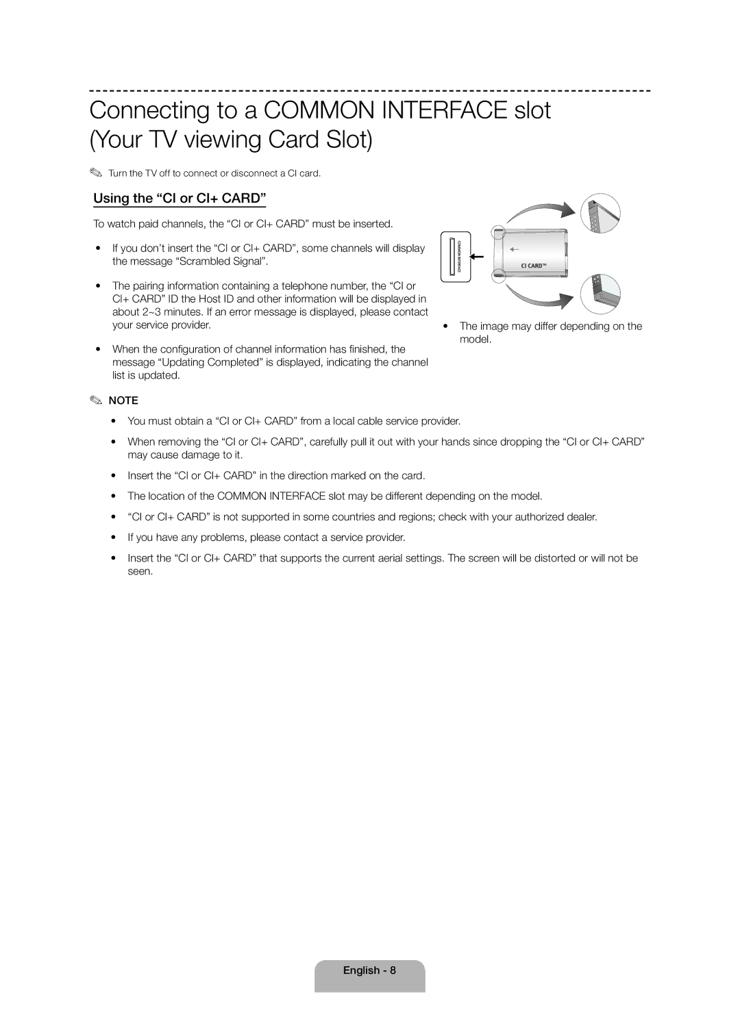 Samsung UE40H4205AWXXE Using the CI or CI+ Card, Your service provider, Turn the TV off to connect or disconnect a CI card 