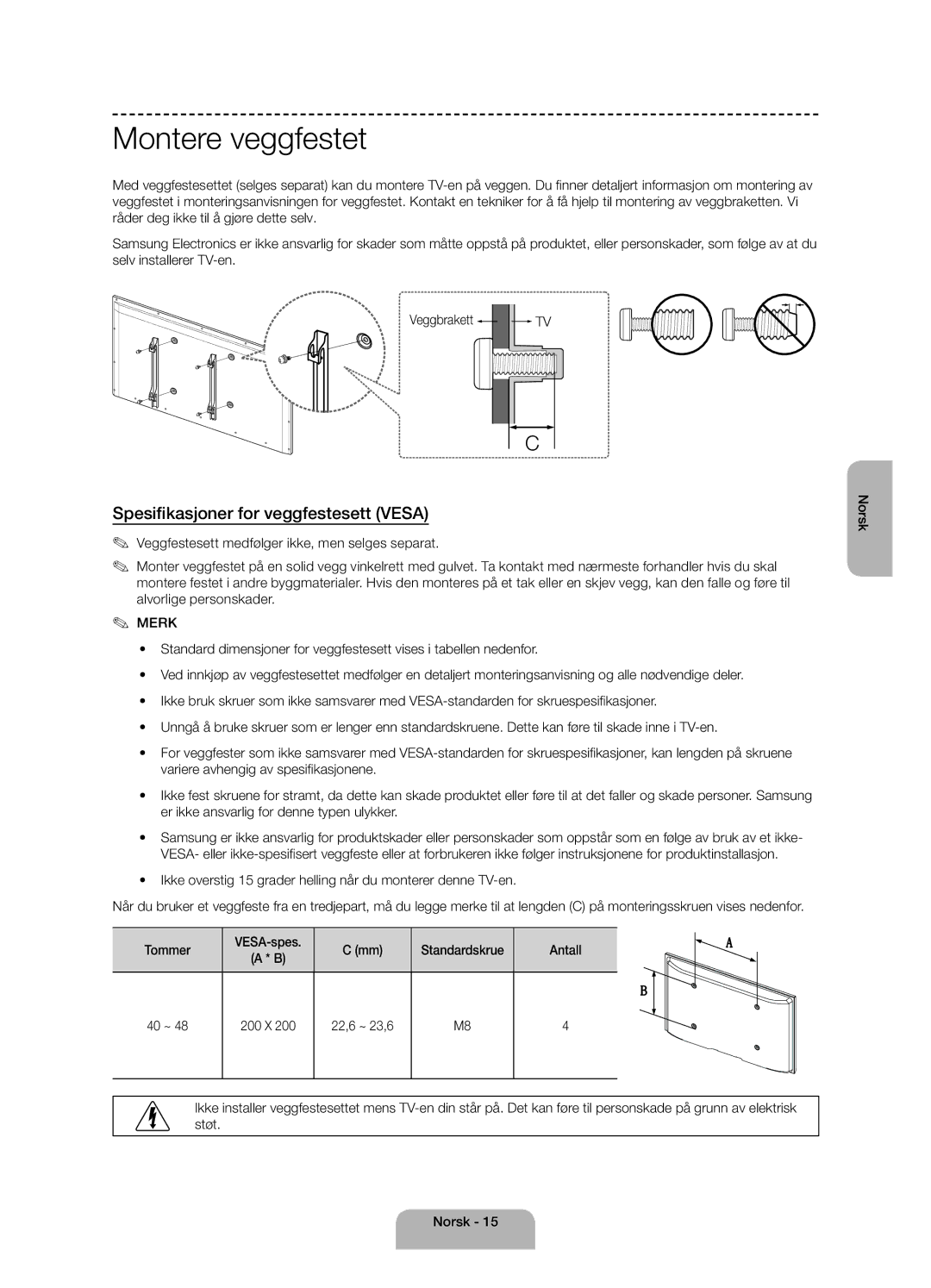 Samsung UE40H4205AWXXE manual Montere veggfestet, Spesifikasjoner for veggfestesett Vesa 