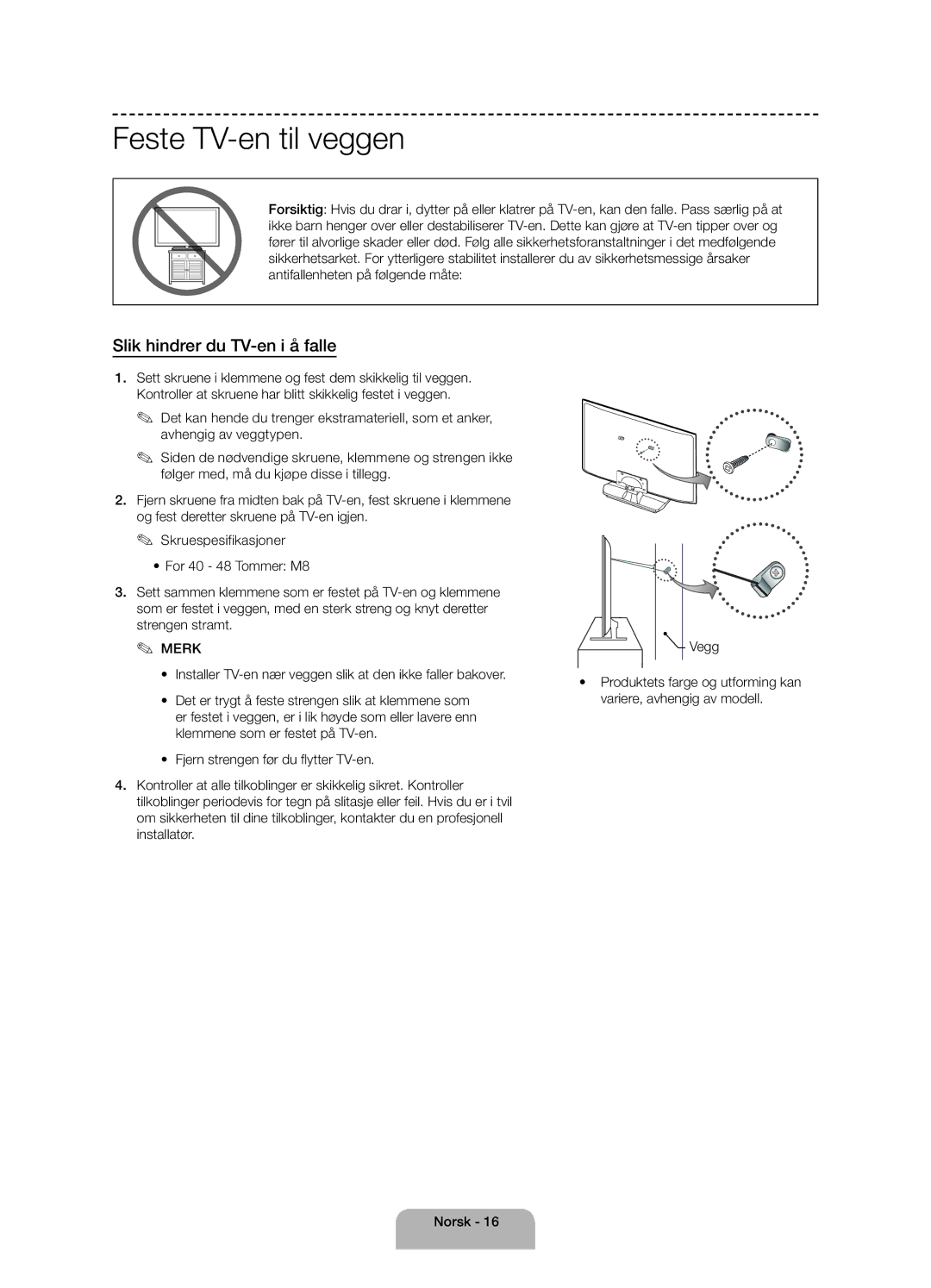 Samsung UE40H4205AWXXE manual Feste TV-en til veggen, Slik hindrer du TV-en i å falle 