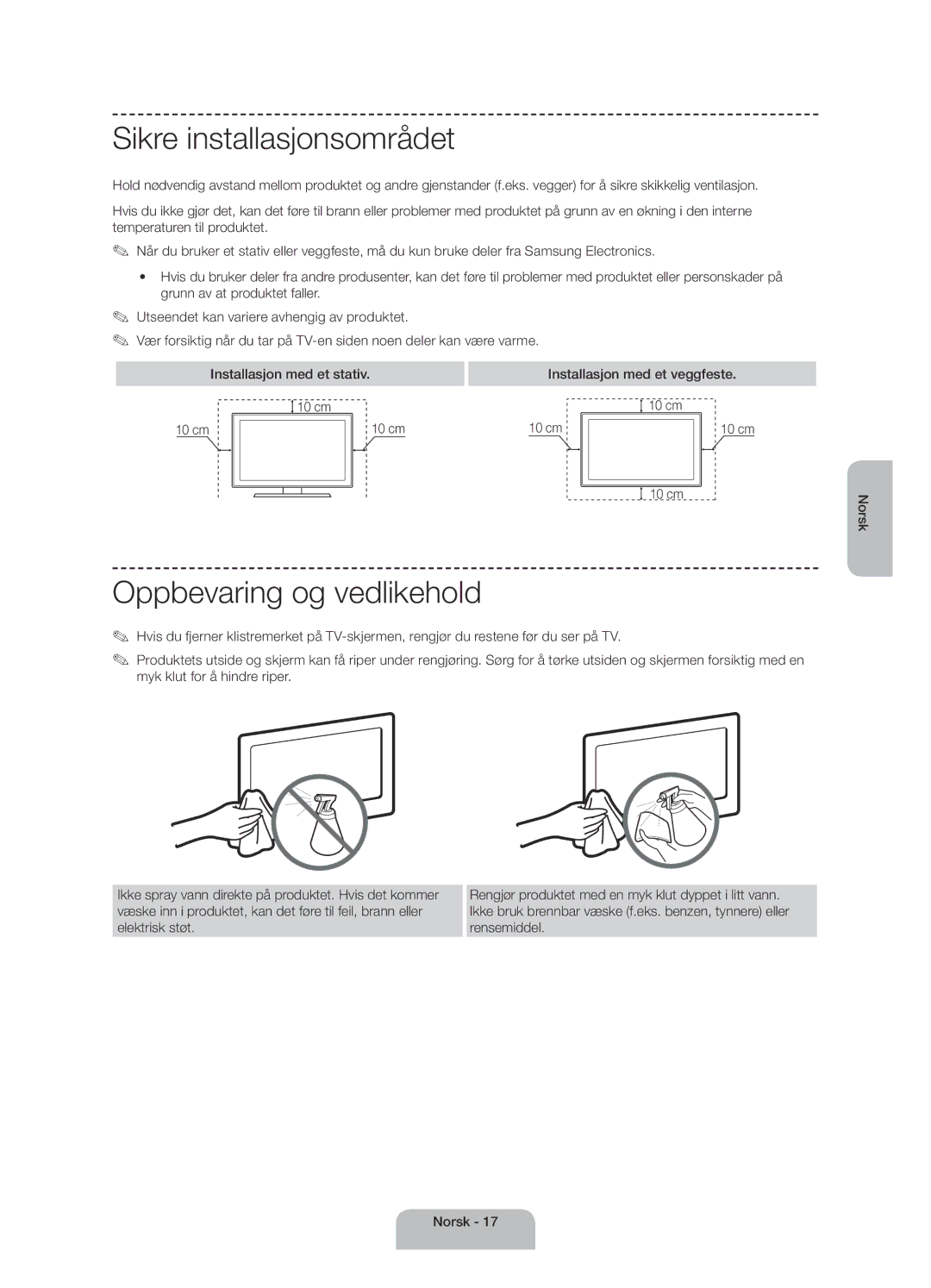 Samsung UE40H4205AWXXE manual Sikre installasjonsområdet, Oppbevaring og vedlikehold, cm Norsk 