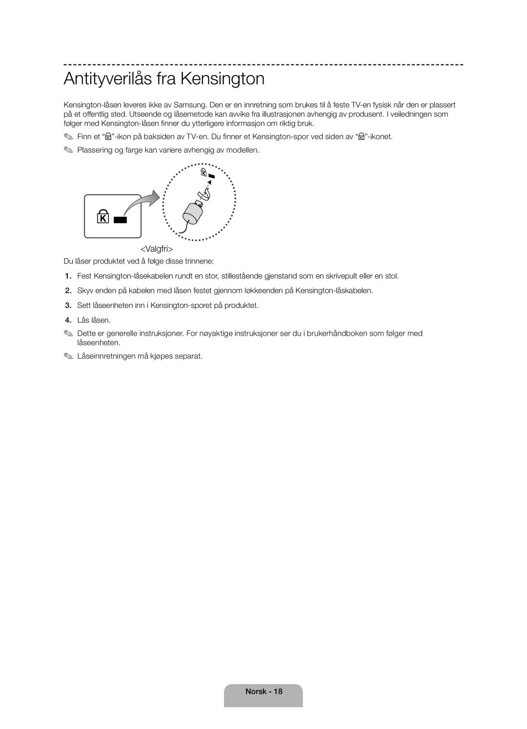 Samsung UE40H4205AWXXE manual Antityverilås fra Kensington, Valgfri 