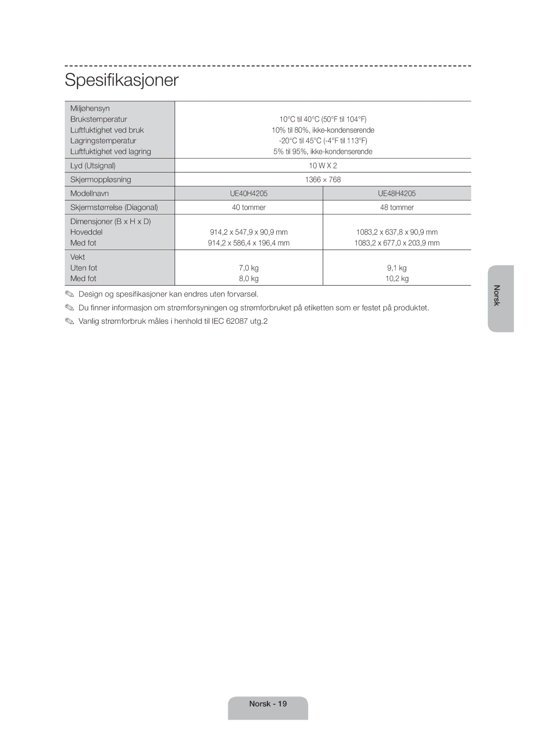 Samsung UE40H4205AWXXE manual Spesifikasjoner 