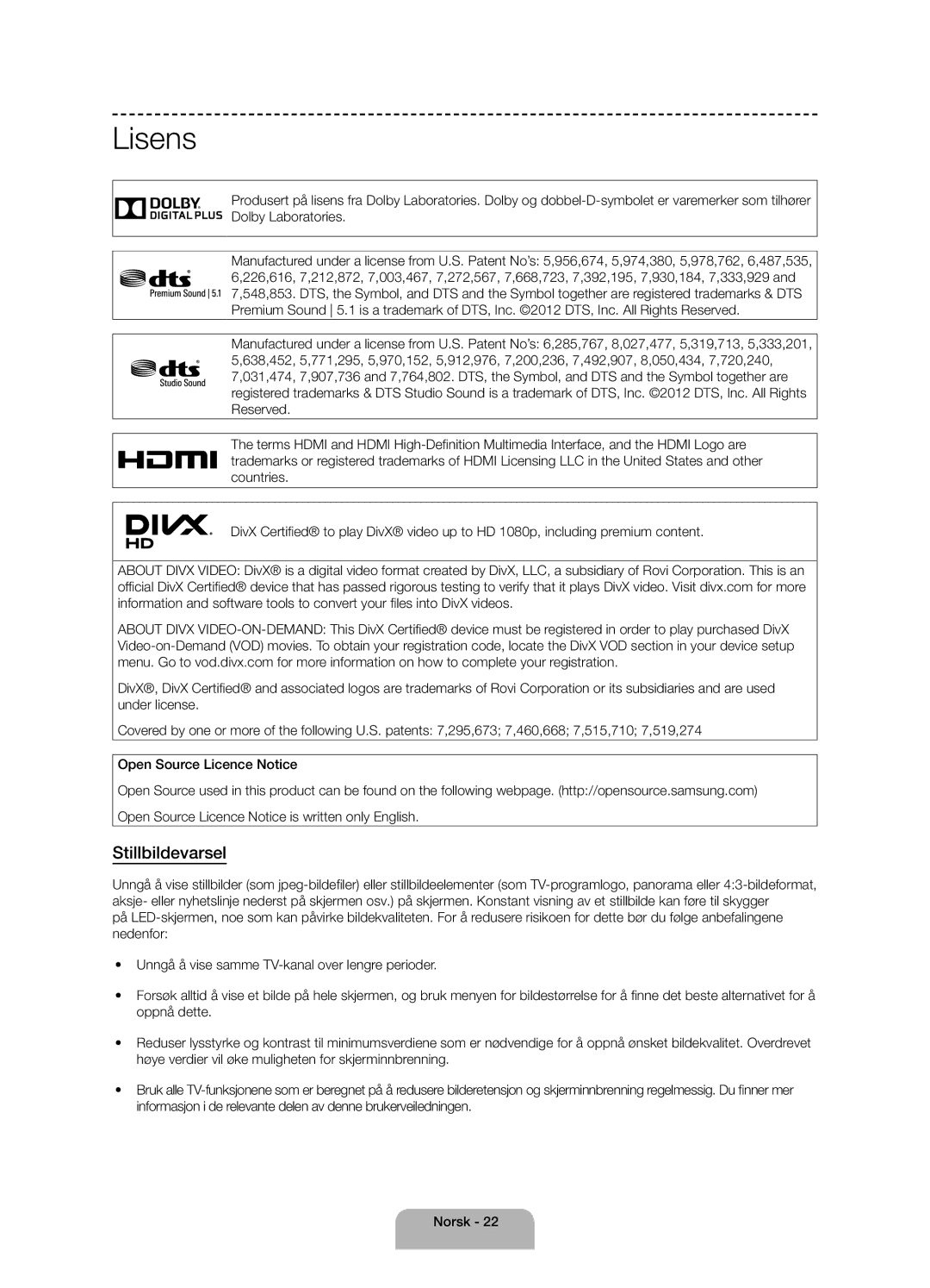 Samsung UE40H4205AWXXE manual Lisens, Stillbildevarsel 