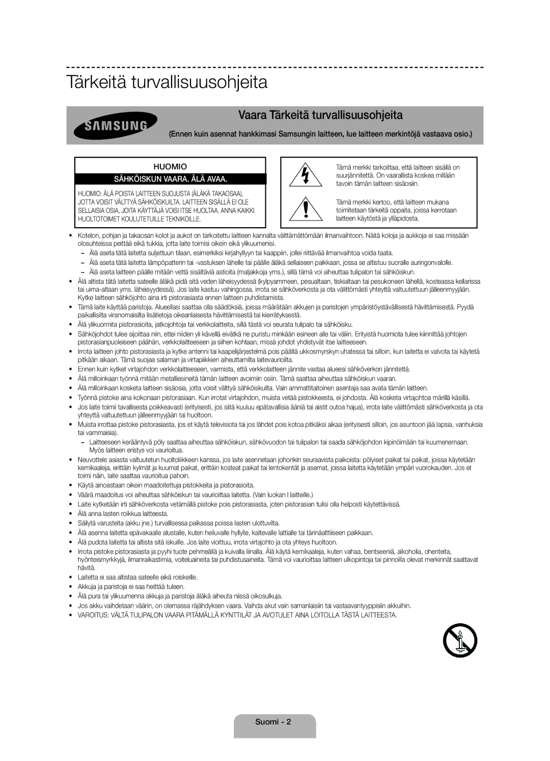 Samsung UE40H4205AWXXE manual Tärkeitä turvallisuusohjeita, Suomi 