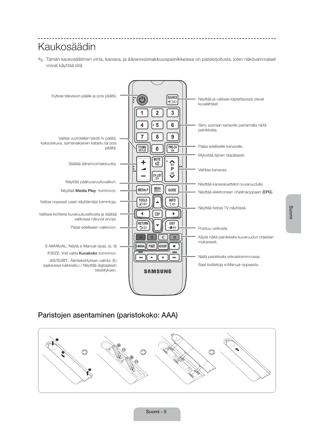 Samsung UE40H4205AWXXE manual Kaukosäädin, Palaa edelliseen valikkoon 