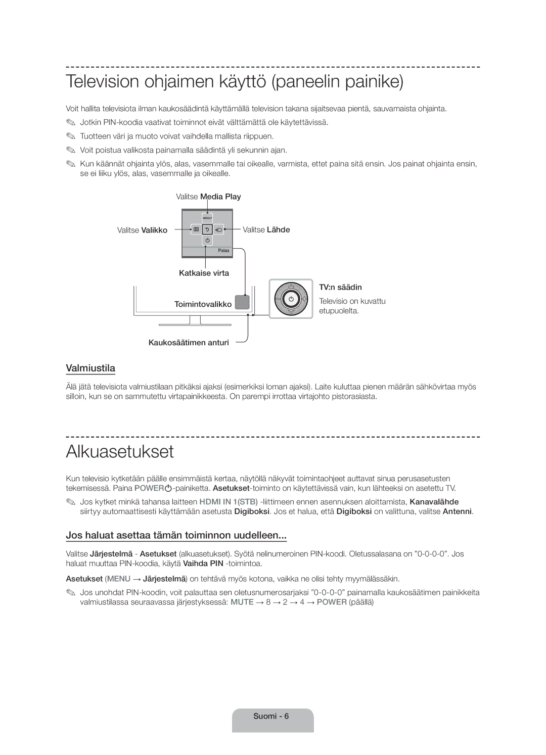 Samsung UE40H4205AWXXE manual Television ohjaimen käyttö paneelin painike, Alkuasetukset, Valmiustila 