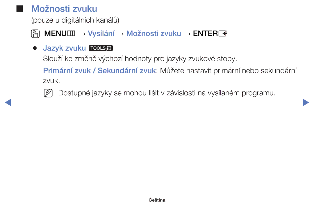 Samsung UE40H5000AKXZT, UE40H5000AWXXH, UE32H4000AWXZG manual OO MENUm → Vysílání → Možnosti zvuku → Entere Jazyk zvuku t 