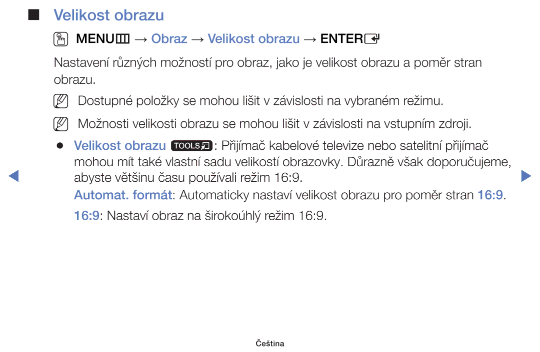 Samsung UE48H5000AKXXH, UE40H5000AWXXH, UE32H4000AWXZG, UE48H5000AWXXH manual OO MENUm → Obraz → Velikost obrazu → Entere 