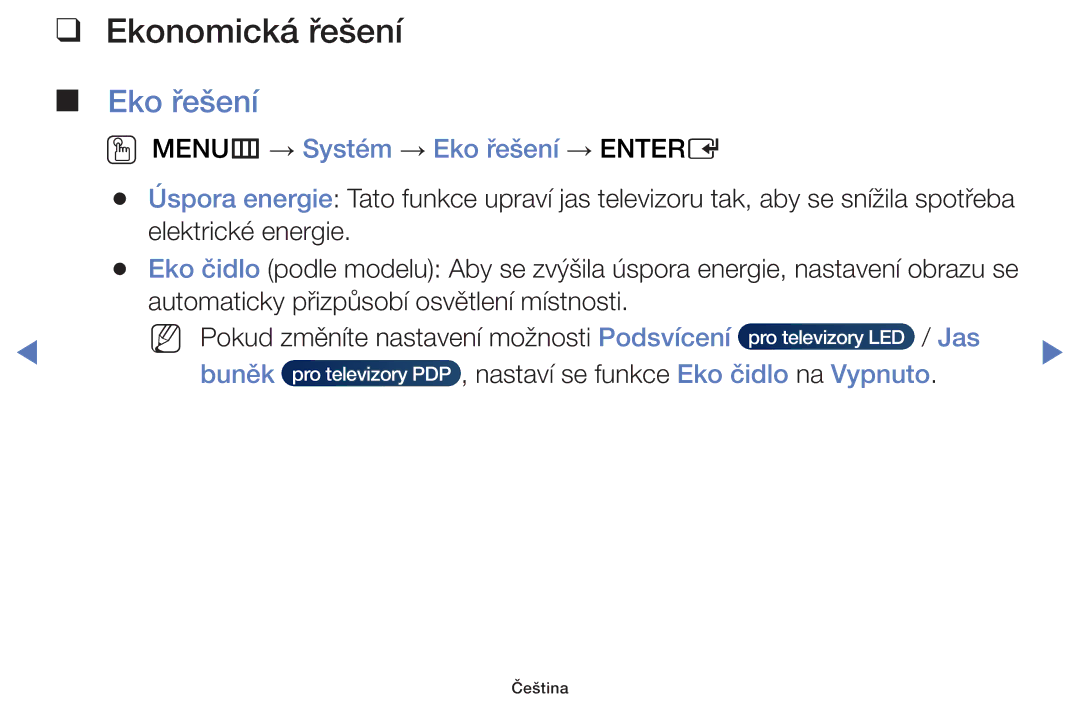 Samsung UE48H5000AKXBT, UE40H5000AWXXH manual Ekonomická řešení, OO MENUm → Systém → Eko řešení → Entere, Buněk 