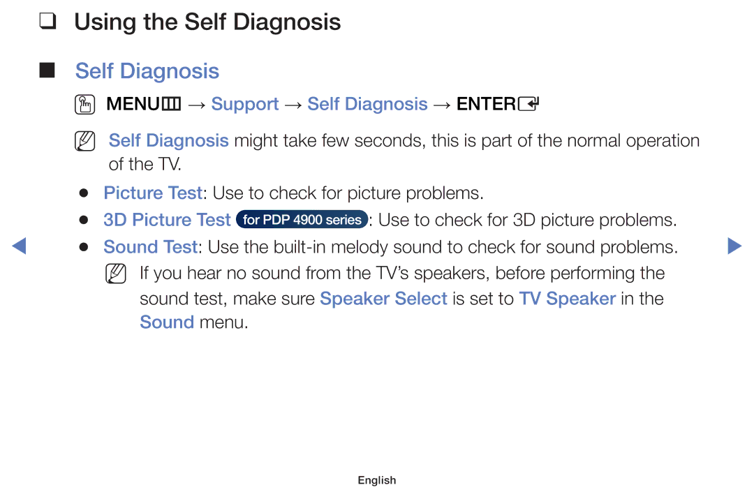 Samsung UE32J5100AWXXH Using the Self Diagnosis, OO MENUm → Support → Self Diagnosis → Entere, 3D Picture Test, Sound menu 