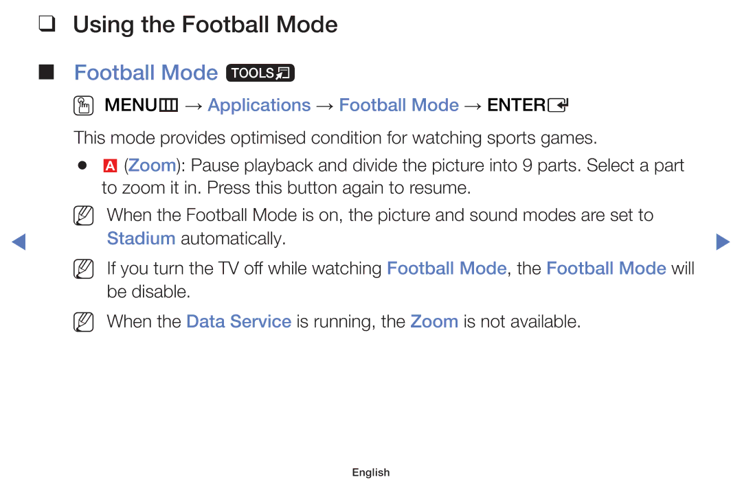 Samsung UE28H4000AWXZG manual Using the Football Mode, Football Mode t, OO MENUm → Applications → Football Mode → Entere 