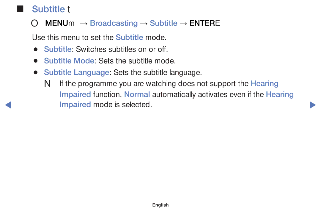 Samsung UE32H4000AWXZF, UE40H5000AWXXH, UE32J4100AWXXH manual Subtitle t, OO MENUm → Broadcasting → Subtitle → Entere 