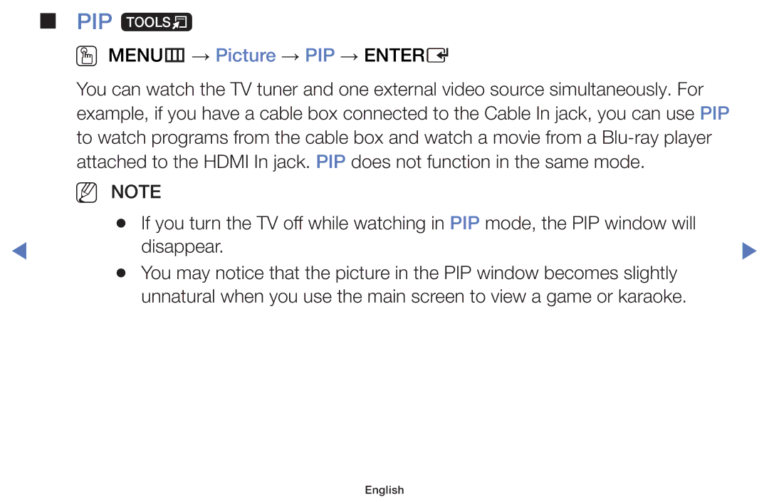 Samsung UE40H5000AWXXC, UE40H5000AWXXH, UE32J4100AWXXH, UE32H4000AWXZG manual PIP t, OO MENUm → Picture → PIP → Entere 