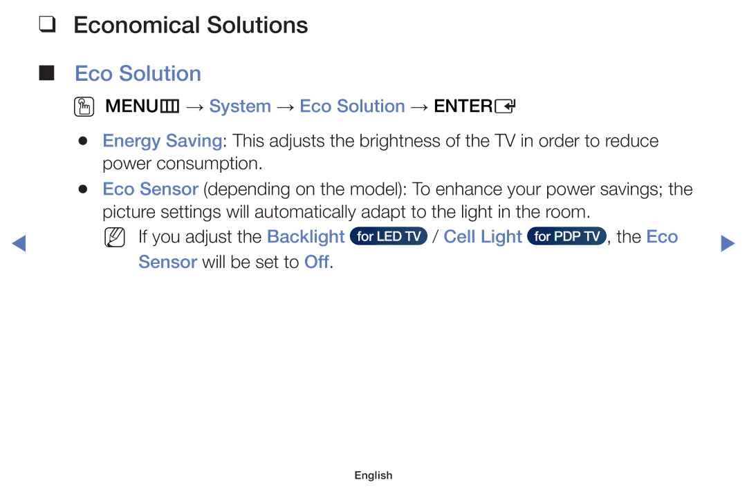 Samsung UE22H5000AWXXN, UE40H5000AWXXH, UE32J4100AWXXH Economical Solutions, OO MENUm → System → Eco Solution → Entere 