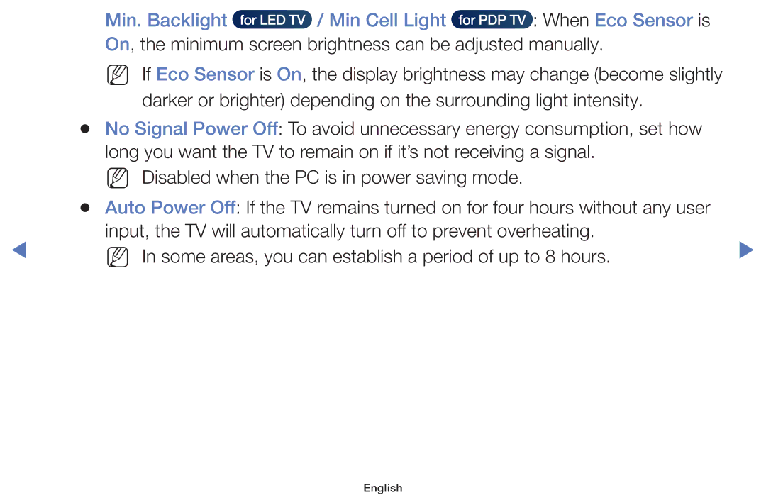 Samsung UE50H5000AWXXN, UE40H5000AWXXH, UE32J4100AWXXH, UE32H4000AWXZG manual Min. Backlight Min Cell Light When Eco Sensor is 