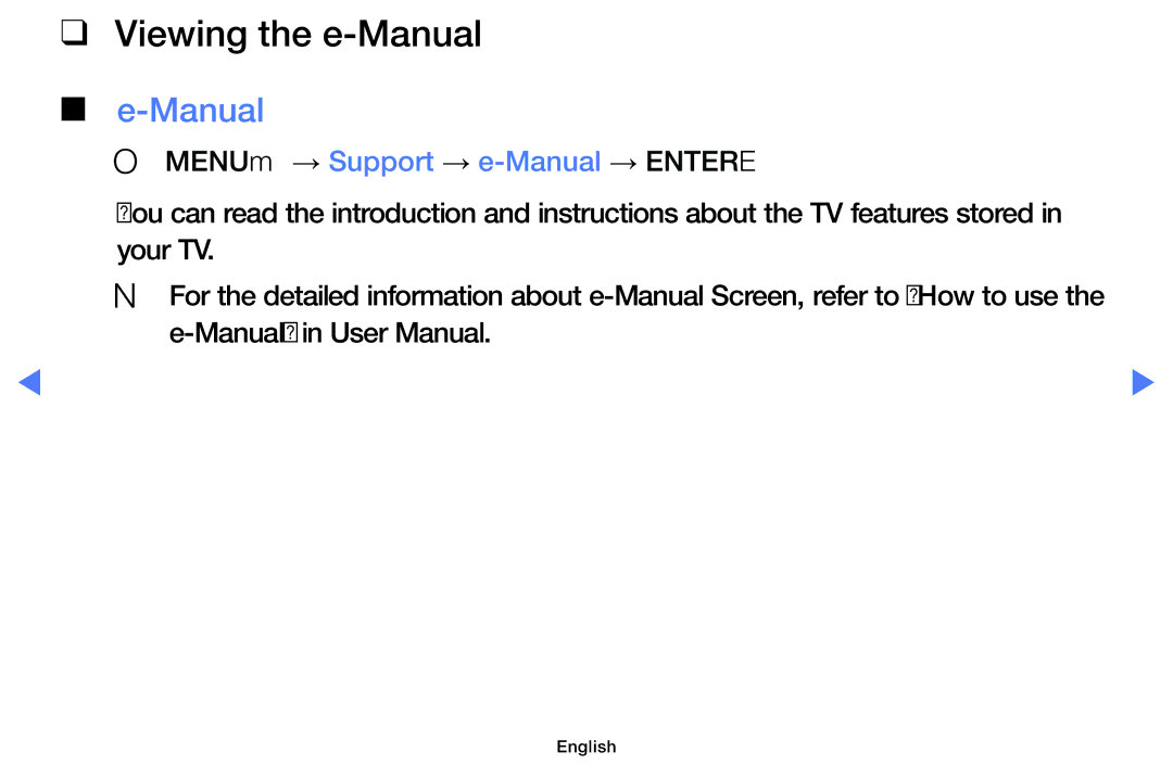 Samsung UE40J5100AWXBT, UE40H5000AWXXH, UE40H5070ASXZG manual Viewing the e-Manual, OO MENUm → Support → e-Manual → Entere 