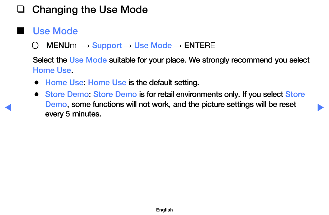 Samsung UE48H5003AWXXN, UE40H5000AWXXH manual Changing the Use Mode, OO MENUm → Support → Use Mode → Entere, Home Use 