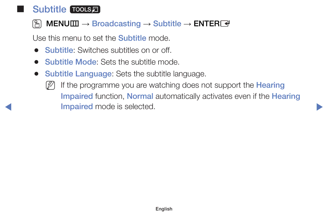 Samsung UE32H5070ASXTK, UE40H5000AWXXH, UE40H5070ASXZG manual Subtitle t, OO MENUm → Broadcasting → Subtitle → Entere 